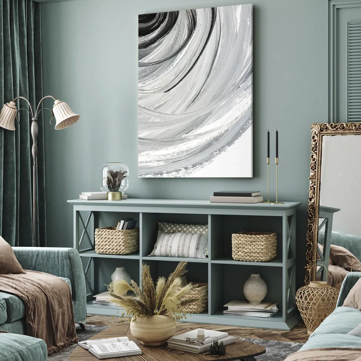 Bild auf Leinwand - Leinwandbild - Ein monochromer Wirbel in Grau- und Schwarztönen - 70x100cm - Orbitale Komposition - Moderne Wanddekoration für Wohnzimmer und Schlafzimmer ARTTOR