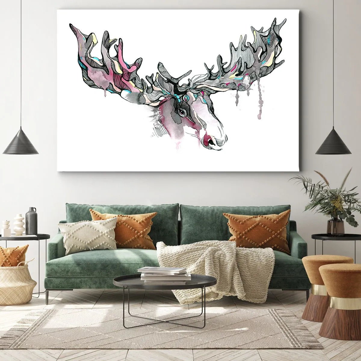 Bild auf Leinwand - Leinwandbild - Künstlerisches Aquarell eines Elches mit üppigem Geweih - 70x50cm - Krone des Waldkönigs - Moderne Wanddekoration für Wohnzimmer und Schlafzimmer ARTTOR