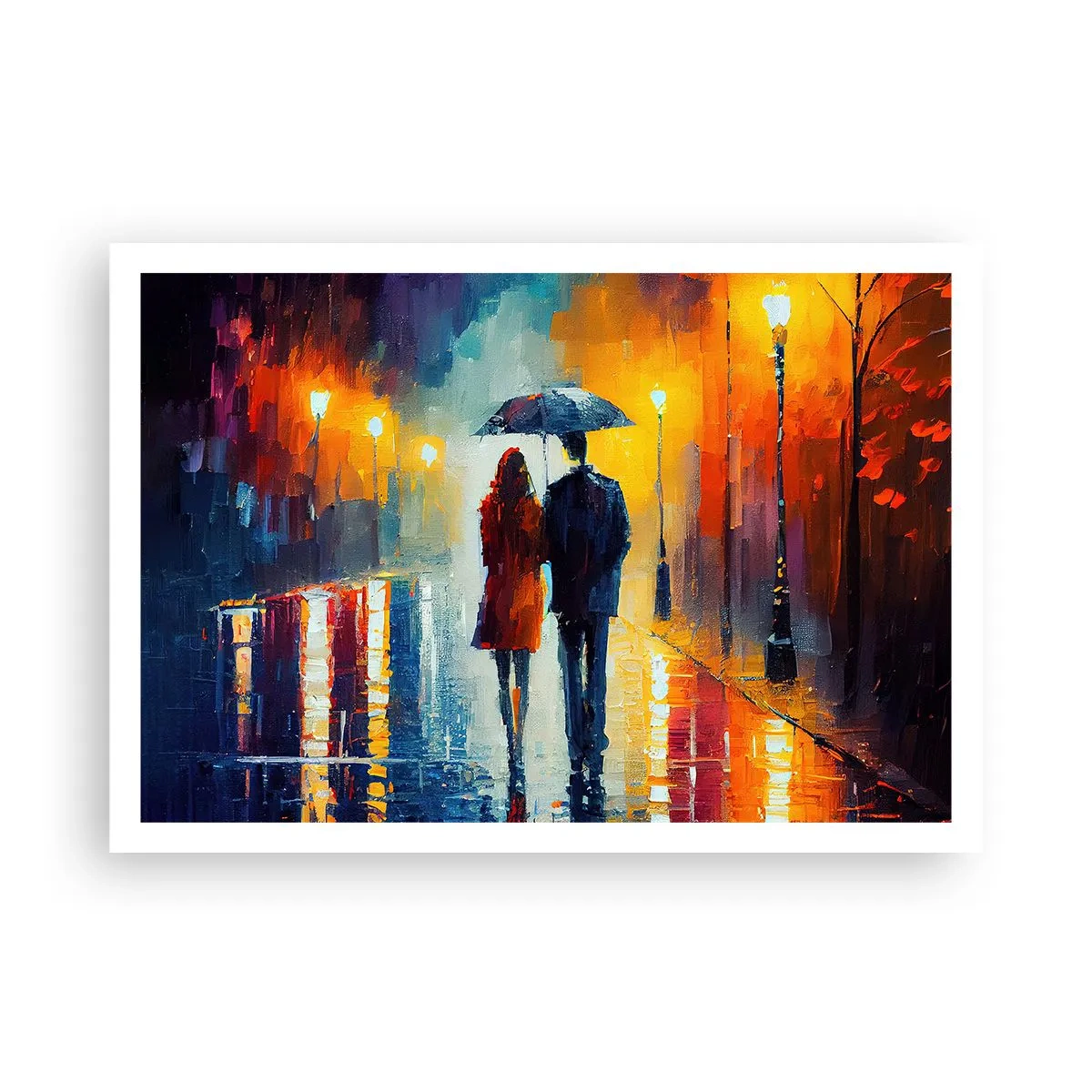 Poster - Ein Paar unter einem Regenschirm, das durch eine farbenfrohe Nachtstadt spaziert - 100x70cm - Gemeinsam – eine bunte Nacht - Moderne Wanddekoration für Wohnzimmer und Schlafzimmer ARTTOR