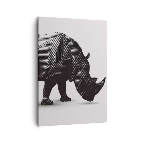 Bild auf Leinwand - Leinwandbild - Grafische Silhouette eines Nashorns in einem schwarz-weißen Muster - 50x70cm - Geometrische Schönheit der Natur - Moderne Wanddekoration für Wohnzimmer und Schlafzimmer ARTTOR