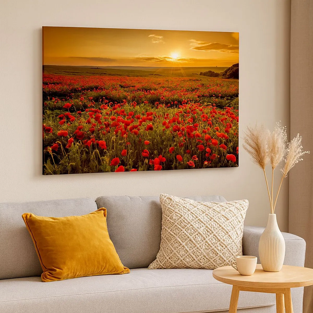 Bild auf Leinwand - Leinwandbild - Ein Feld mit roten Mohnblumen im Schein der untergehenden Sonne - 70x50cm - Unter den Wellen raschelnder Wiesen, unter den Blumen der Flut - Moderne Wanddekoration für Wohnzimmer und Schlafzimmer ARTTOR