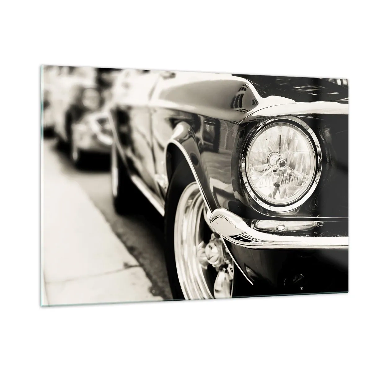 Glasbild - Bild auf glas - Nahaufnahme der Front eines Oldtimers in Sepia - 120x80cm - Dauerhafter Glanz - Moderne Wanddekoration für Wohnzimmer und Schlafzimmer ARTTOR