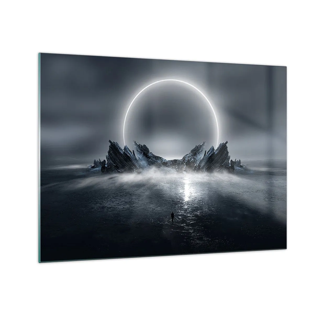 Glasbild - Bild auf glas - Dunkle Szene mit Sonnenfinsternis und felsiger Insel - 70x50cm - Ende der Geschichte - Moderne Wanddekoration für Wohnzimmer und Schlafzimmer ARTTOR