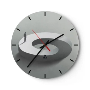 Wanduhr - Glasuhr - Eine schwarze Silhouette eines Mannes, der auf einer weißen Spiralbahn steht. - 30x30cm - Und wie soll man davon klug werden - Moderne Wanddekoration für Wohnzimmer, Küche und Schlafzimmer ARTTOR