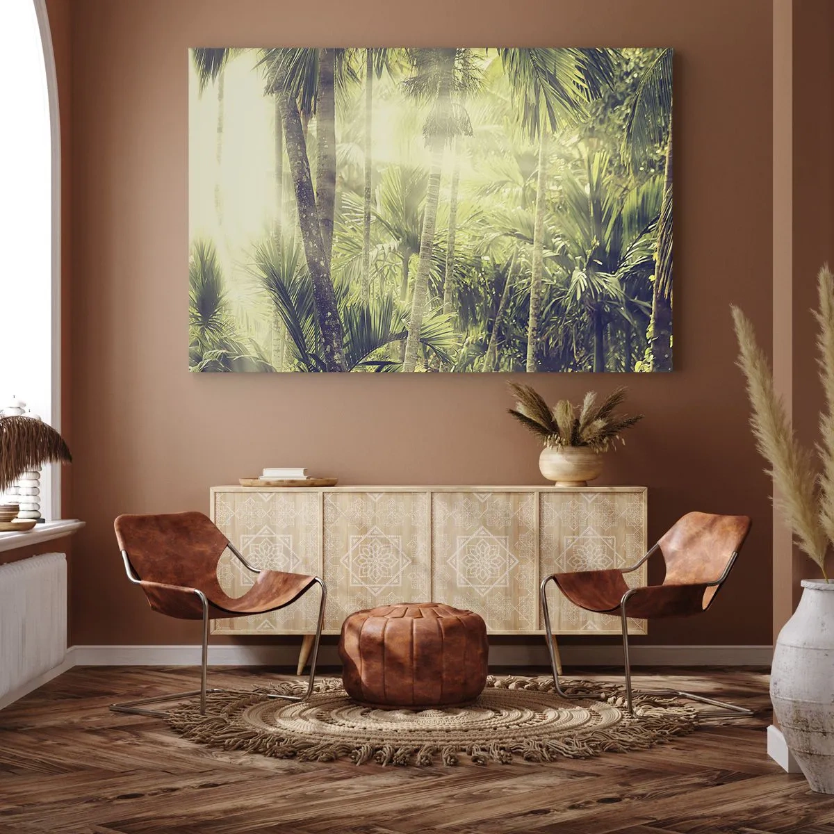 Bild auf Leinwand - Leinwandbild - Sonnenstrahlen in einem tropischen Palmenwald - 70x50cm - In grüner Hitze - Moderne Wanddekoration für Wohnzimmer und Schlafzimmer ARTTOR