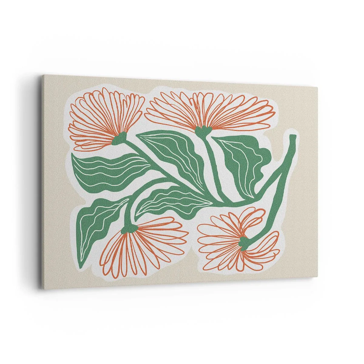 Bild auf Leinwand - Leinwandbild - Eine Blumenzeichnung im minimalistischen Stil mit grünen Blättern - 100x70cm - Im Folkstil und modern - Moderne Wanddekoration für Wohnzimmer und Schlafzimmer ARTTOR