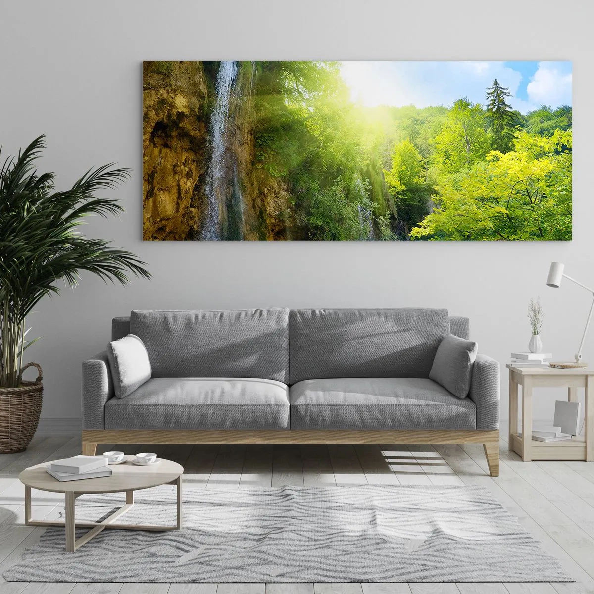 Glasbild - Bild auf glas - Ein Wasserfall, der in einen türkisfarbenen See fließt, umgeben von Grün - 160x50cm - Es muss Eden sein - Moderne Wanddekoration für Wohnzimmer und Schlafzimmer ARTTOR