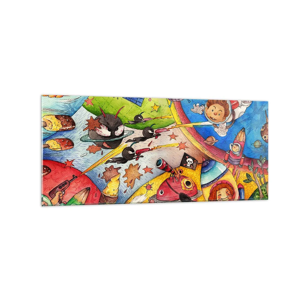 Glasbild - Bild auf glas - Eine bunte Weltraumszene voller Kinder und Raumschiffe - 120x50cm - Tolles Weltraumabenteuer - Moderne Wanddekoration für Wohnzimmer und Schlafzimmer ARTTOR