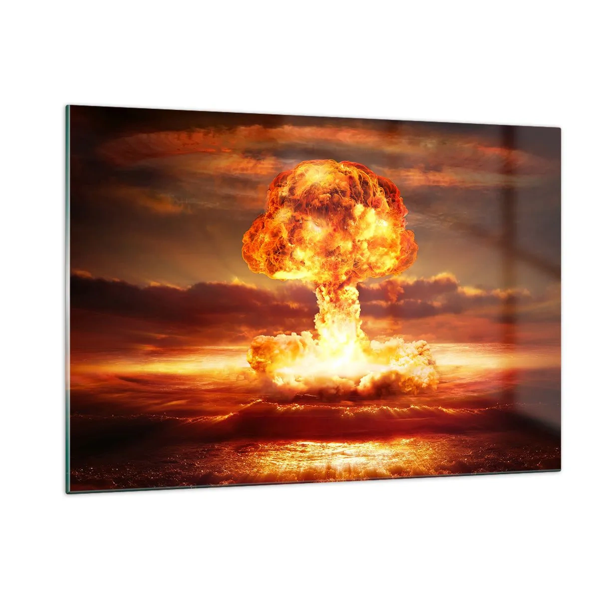 Glasbild - Bild auf glas - Eine Pilzwolkenexplosion in den intensiven Farben eines Sonnenuntergangs - 120x80cm - Und das Ende wird kommen - Moderne Wanddekoration für Wohnzimmer und Schlafzimmer ARTTOR