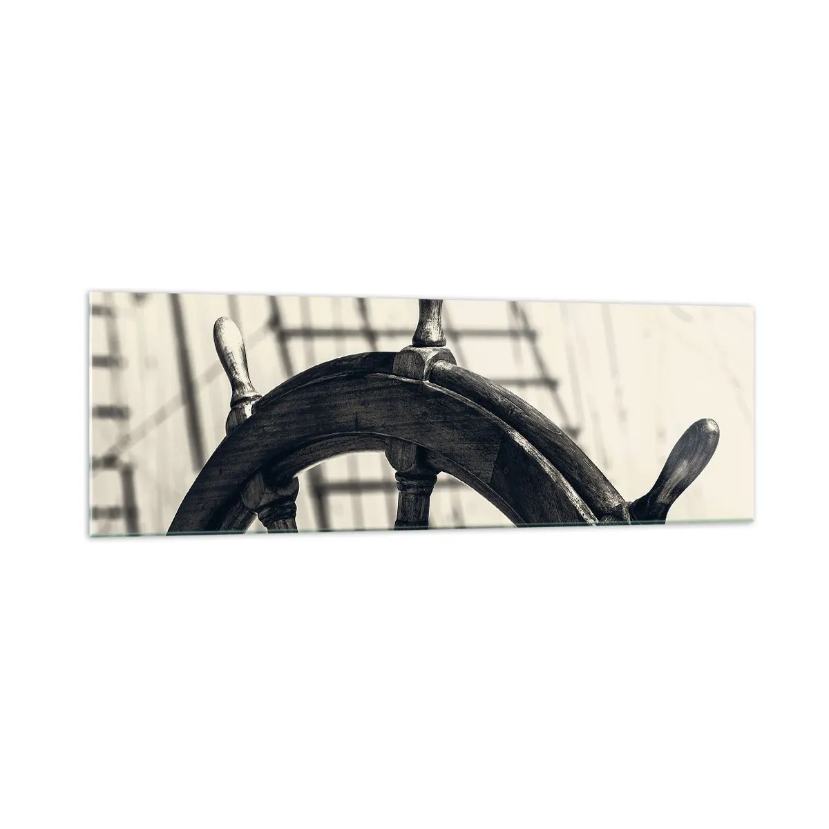 Glasbild - Bild auf glas - Ein Segelruder im Retro-Stil mit einem Schiff im Hintergrund - 160x50cm - Meeresgeschichten - Moderne Wanddekoration für Wohnzimmer und Schlafzimmer ARTTOR