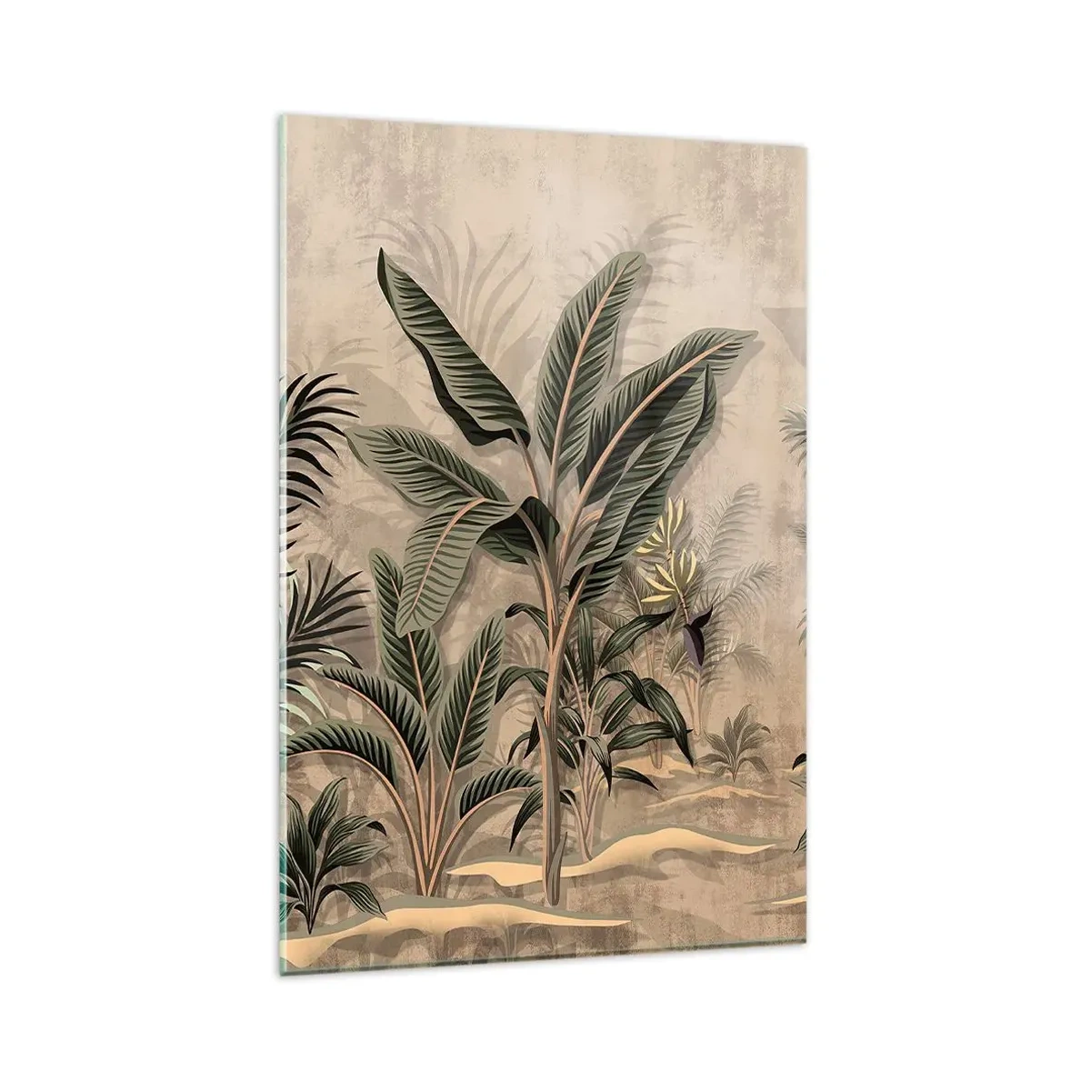 Glasbild - Bild auf glas - Palmen und tropische Vegetation in Grüntönen auf beigem Hintergrund - 80x120cm - Eine Gravur im Kolonialstil - Moderne Wanddekoration für Wohnzimmer und Schlafzimmer ARTTOR