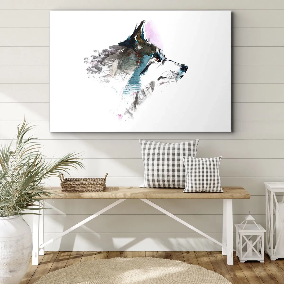 Bild auf Leinwand - Leinwandbild - Aquarellwolf im minimalistischen Stil - 100x70cm - Vom Teufel sprechen - Moderne Wanddekoration für Wohnzimmer und Schlafzimmer ARTTOR