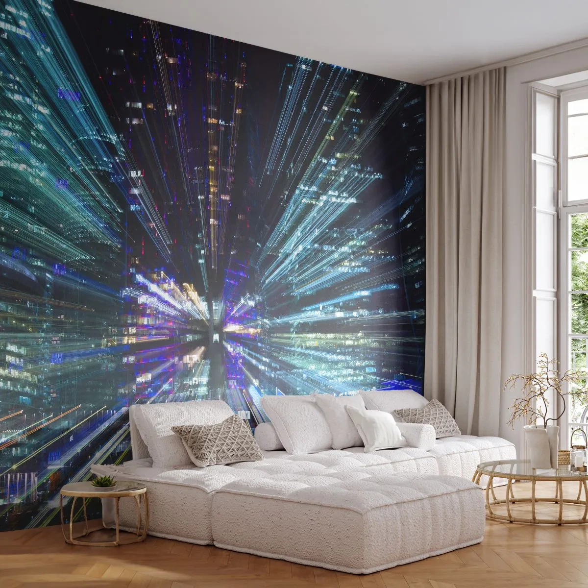 Fototapete Premium Sand - Übergang zum Hyperraum - Abstraktion, Stadt, Grafik - 150x105 cm