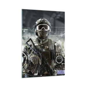 Glasbild - Bild auf glas - Ein Soldat in taktischer Ausrüstung vor dem Hintergrund einer futuristischen Benutzeroberfläche. - 50x70cm - Macht zu Macht - Moderne Wanddekoration für Wohnzimmer und Schlafzimmer ARTTOR