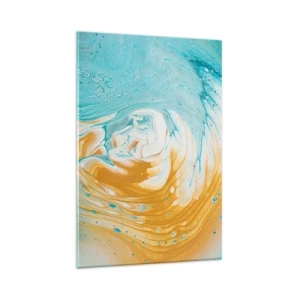 Glasbild - Bild auf glas - Abstrakte Wellen in Blau- und Goldtönen auf Leinwand - 80x120cm - Pastellwirbel - Moderne Wanddekoration für Wohnzimmer und Schlafzimmer ARTTOR