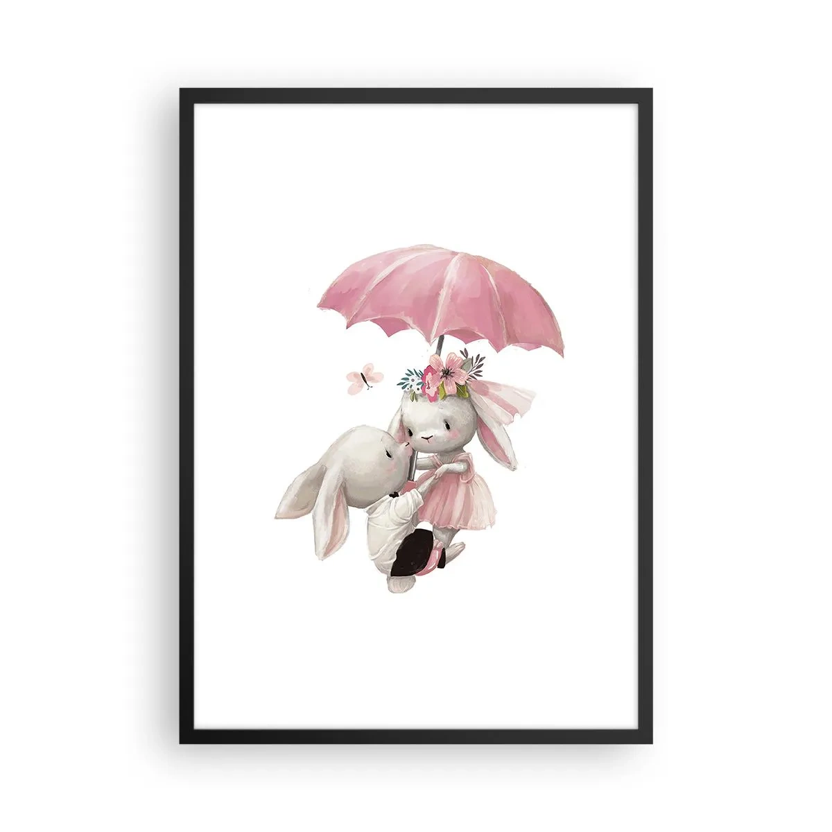 Poster in einem schwarzem Rahmen - Süße Häschen unter einem rosa Regenschirm - 50x70cm - Das ist eben Liebe - Moderne Wanddekoration für Wohnzimmer und Schlafzimmer ARTTOR