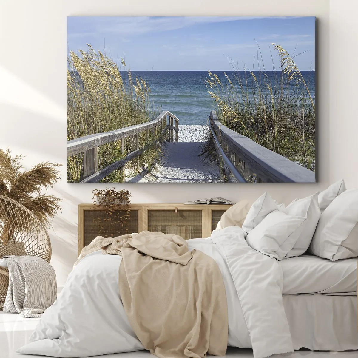 Bild auf Leinwand - Leinwandbild - Weg zum Strand mit Meerblick - 70x50cm - In der Sonne, im Wind - Moderne Wanddekoration für Wohnzimmer und Schlafzimmer ARTTOR