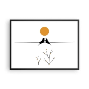 Poster in einem schwarzem Rahmen - Vögel auf einer Linie mit einer gelben Sonne - 70x50cm - Abend der Nachtigallen - Moderne Wanddekoration für Wohnzimmer und Schlafzimmer ARTTOR