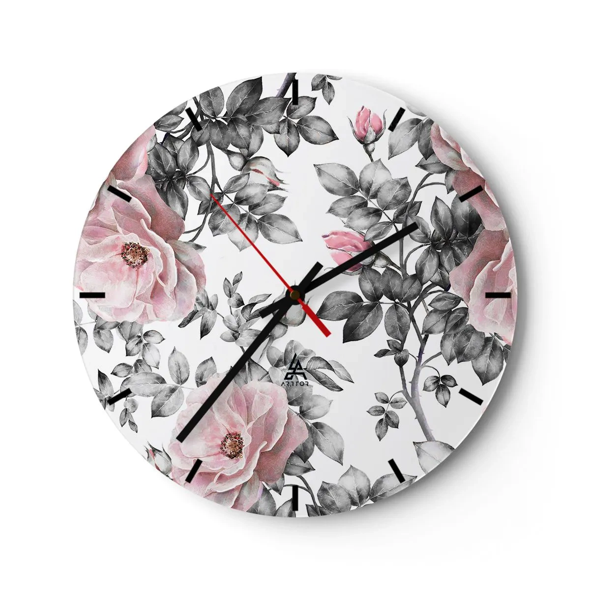 Wanduhr - Glasuhr - Rosa Rosen mit schwarzen und weißen Blättern - 30x30cm - Verliere dich in den Blüten der Rosen - Moderne Wanddekoration für Wohnzimmer, Küche und Schlafzimmer ARTTOR
