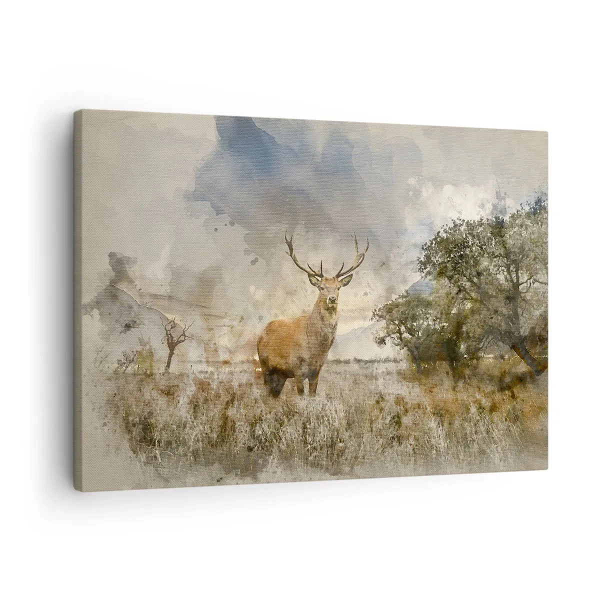 Bild auf Leinwand - Leinwandbild - Ein Hirsch in einer natürlichen Umgebung im Aquarellstil - 70x50cm - Würde – Stärke – Würde - Moderne Wanddekoration für Wohnzimmer und Schlafzimmer ARTTOR