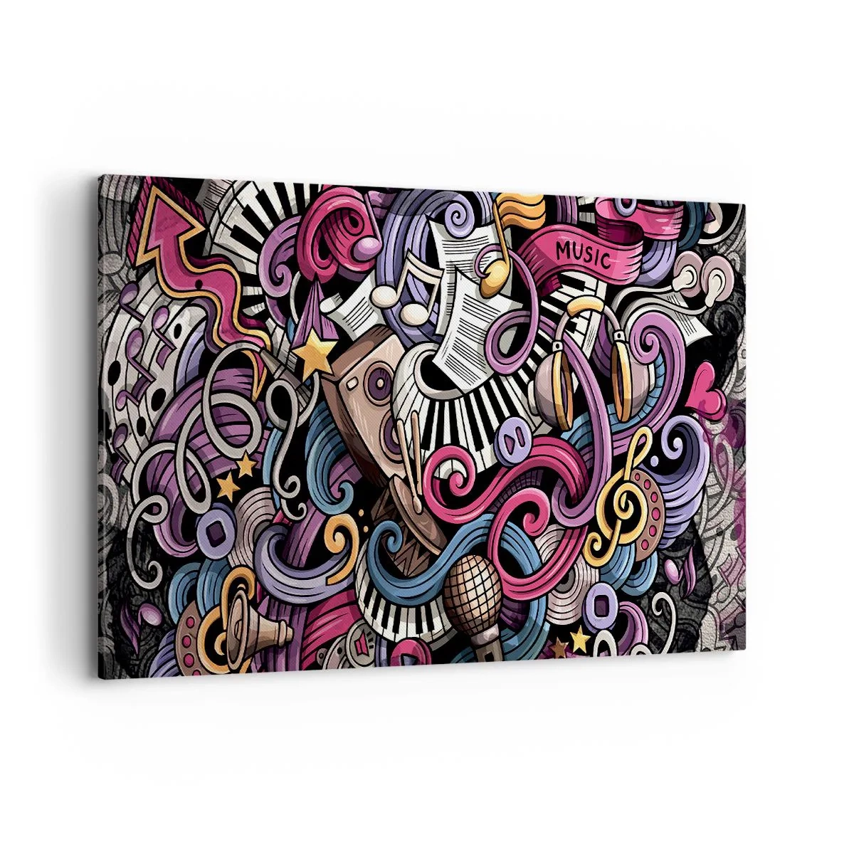 Bild auf Leinwand - Leinwandbild - Eine musikalische Abstraktion voller farbenfroher Instrumente und Noten. - 120x80cm - Komplizierte Melodie - Moderne Wanddekoration für Wohnzimmer und Schlafzimmer ARTTOR