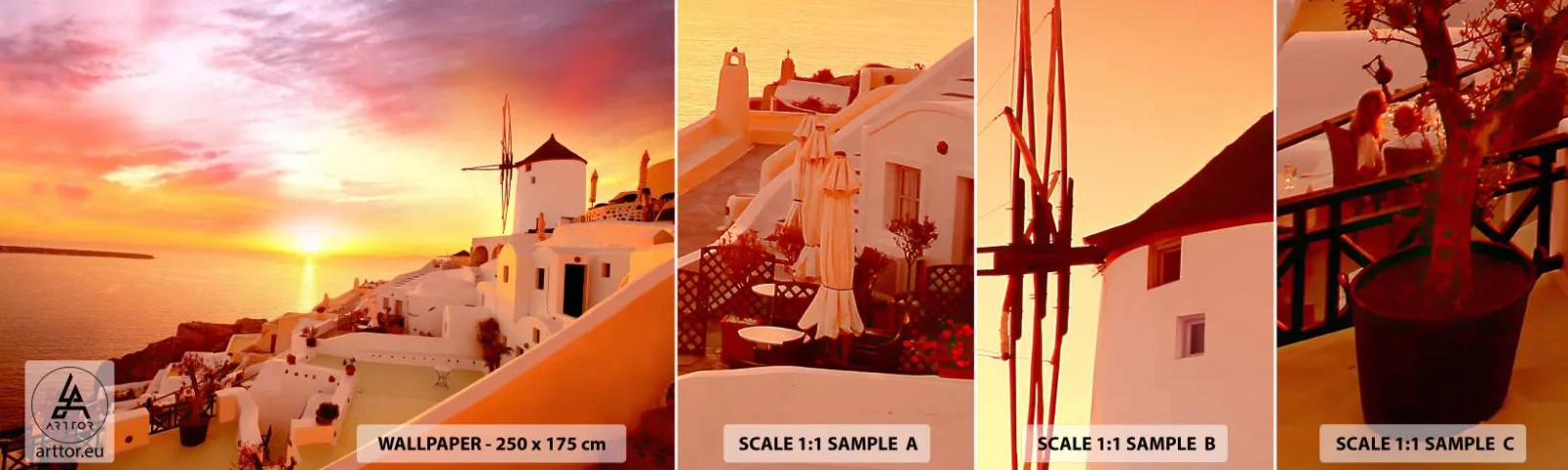 Fototapetenmuster Standard Eco - In Weiß und Gold schmelzen - Landschaft, Santorin, Griechenland - 100x30 cm