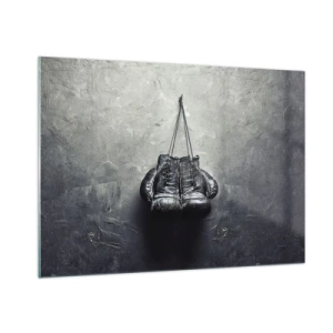 Glasbild - Bild auf glas - Schwarze Boxhandschuhe hängen an der Wand - 100x70cm - Zeit des Kampfes und Zeit des Friedens - Moderne Wanddekoration für Wohnzimmer und Schlafzimmer ARTTOR