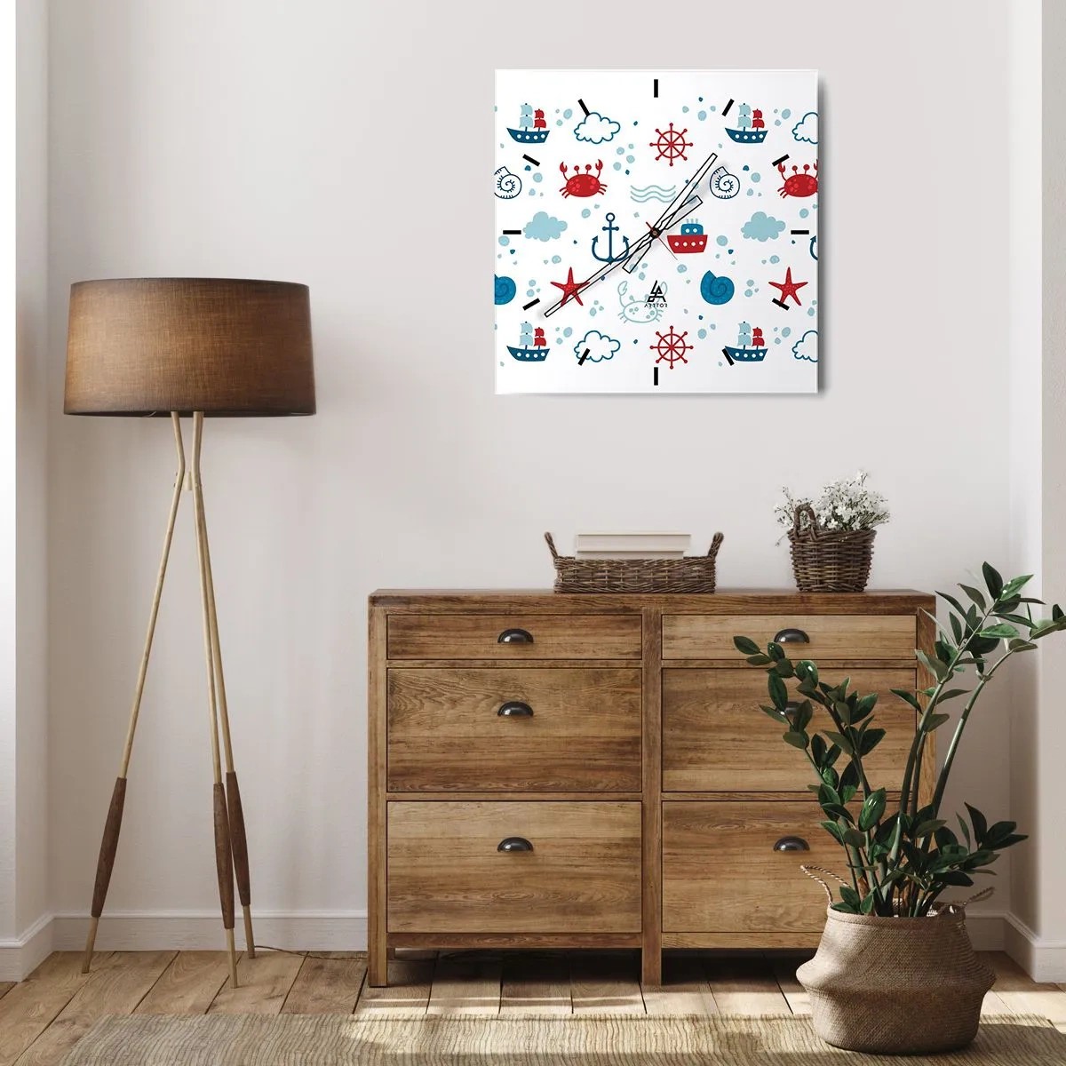 Wanduhr - Glasuhr - Nautisches Muster mit Ankern, Schiffen und Krabben - 30x30cm - Märchen vom Meer - Moderne Wanddekoration für Wohnzimmer und Schlafzimmer ARTTOR