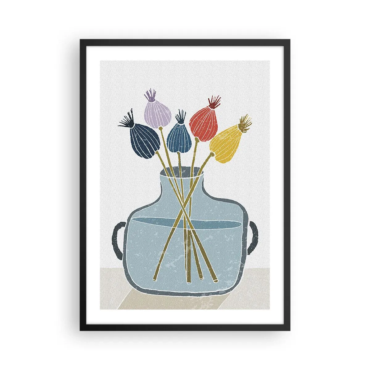 Poster in einem schwarzem Rahmen - Eine minimalistische Komposition aus Mohnköpfen in einer Glasvase - 50x70cm - Es ist mucksmäuschenstill - Moderne Wanddekoration für Wohnzimmer und Schlafzimmer ARTTOR