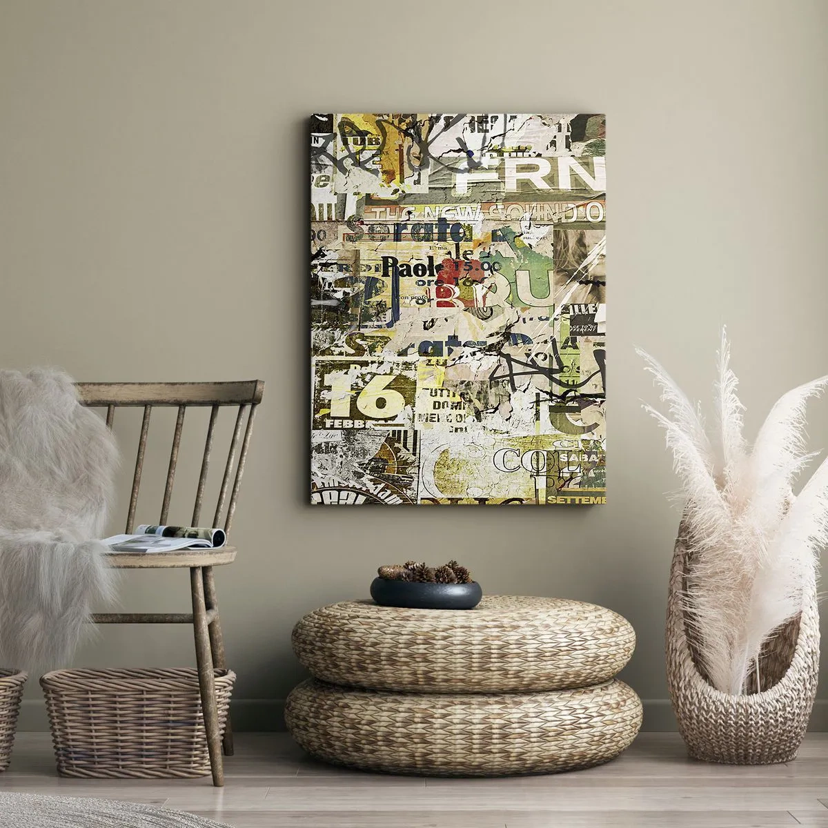 Bild auf Leinwand - Leinwandbild - Eine Collage aus Zeitungs- und Plakatfragmenten im künstlerischen Stil. - 50x70cm - Ach, es passiert... - Moderne Wanddekoration für Wohnzimmer und Schlafzimmer ARTTOR