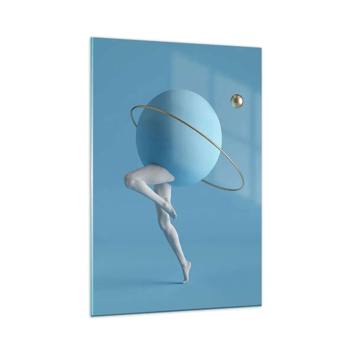 Glasbild - Bild auf glas - Eine blaue Kugel mit einer Umlaufbahn und menschlichen Beinen vor dem Himmel - 80x120cm - Und die Planeten spielen verrückt - Moderne Wanddekoration für Wohnzimmer und Schlafzimmer ARTTOR