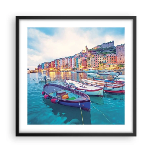 Poster in einem schwarzem Rahmen - Bunter Abend im Hafen - 50x50 cm