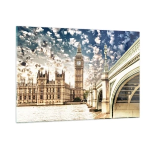 Glasbild - Bild auf glas - Big Ben und Westminster Bridge in London - 120x80cm - Federwolken über der Themse - Moderne Wanddekoration für Wohnzimmer und Schlafzimmer ARTTOR