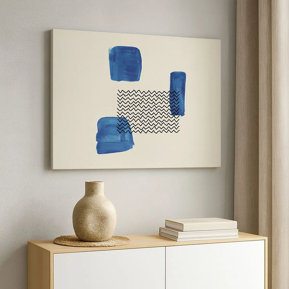 Bild auf Leinwand - Leinwandbild - Abstrakte Komposition mit blauen Flecken und Wellenlinien - 70x50cm - Ein abstraktes Quartett - Moderne Wanddekoration für Wohnzimmer und Schlafzimmer ARTTOR
