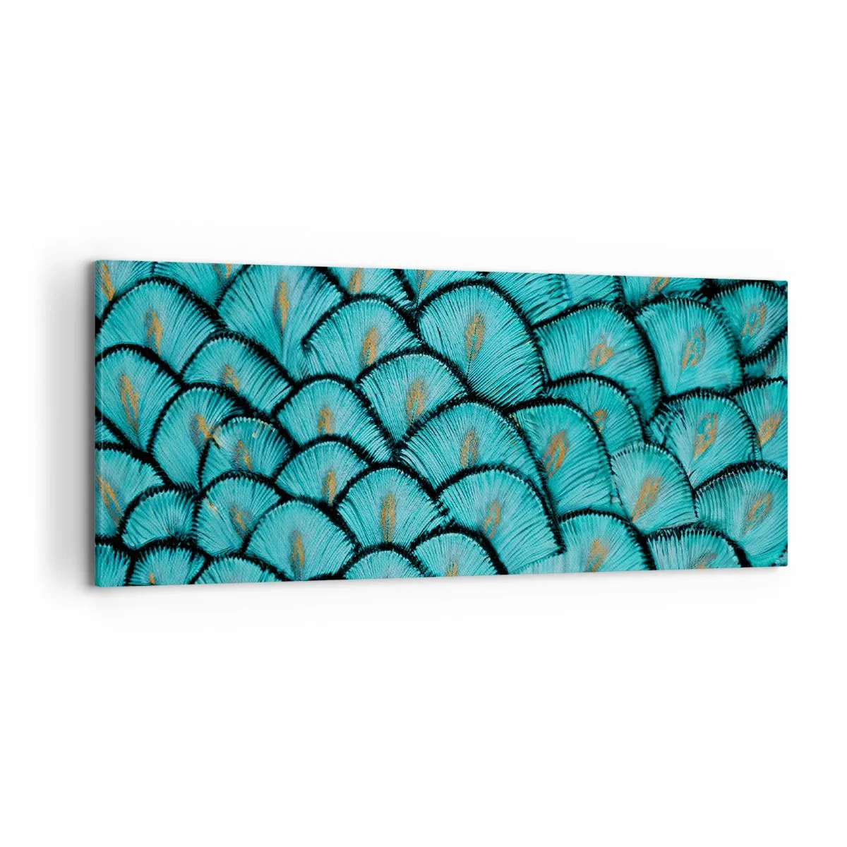 Bild auf Leinwand - Leinwandbild - Ein Muster, das türkisfarbenen Schuppen mit goldenen Akzenten ähnelt - 120x50cm - Große Federgala - Moderne Wanddekoration für Wohnzimmer und Schlafzimmer ARTTOR