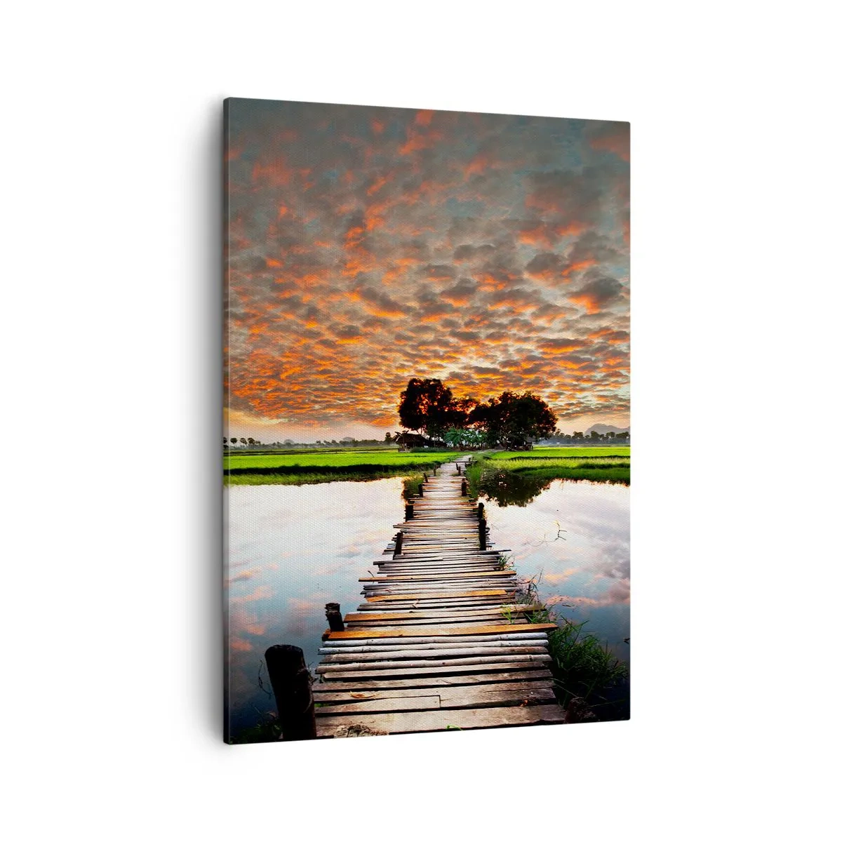 Bild auf Leinwand - Leinwandbild - Holzbrücke über dem Wasser bei Sonnenuntergang - 50x70cm - Arme ausstrecken - atmen - Moderne Wanddekoration für Wohnzimmer und Schlafzimmer ARTTOR