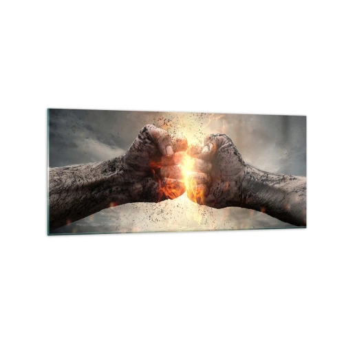 Glasbild - Bild auf glas - Geballte Fäuste in einer dynamischen Brandszene - 120x50cm - Steh auf für einen Kampf - Moderne Wanddekoration für Wohnzimmer und Schlafzimmer ARTTOR