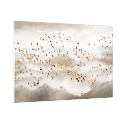 Glasbild - Bild auf glas - Ein Vogelschwarm fliegt über eine neblige Landschaft - 100x70cm - Es ist schon die Zeit… - Moderne Wanddekoration für Wohnzimmer und Schlafzimmer ARTTOR
