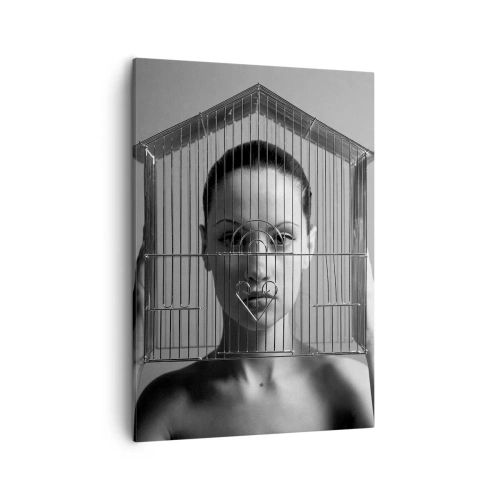 Bild auf Leinwand - Leinwandbild - Frau hinter einem Käfig im surrealen Stil - 50x70cm - Ein leicht surreales Portrait - Moderne Wanddekoration für Wohnzimmer und Schlafzimmer ARTTOR
