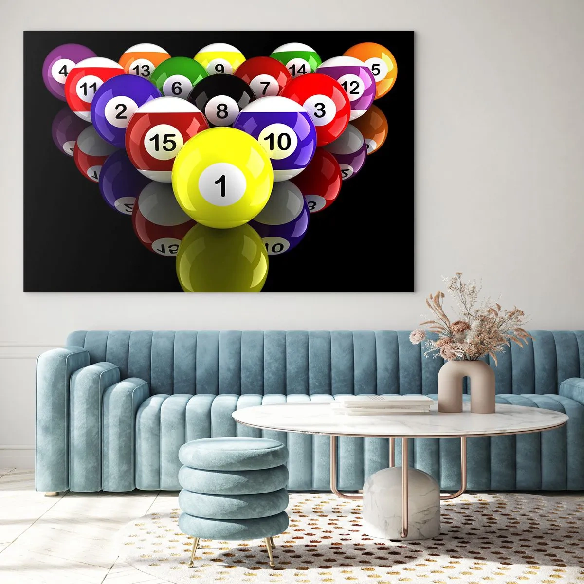 Glasbild - Bild auf glas - Bunte Billardkugeln auf schwarzem Hintergrund angeordnet - 70x50cm - Verschiedene Spielfarben - Moderne Wanddekoration für Wohnzimmer und Schlafzimmer ARTTOR