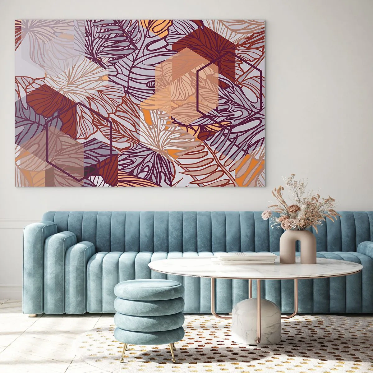 Glasbild - Bild auf glas - Grafische Blätter vor einem Hintergrund aus geometrischen Formen - 70x50cm - Unmögliche Beziehung zwischen Geometrie und Natur - Moderne Wanddekoration für Wohnzimmer und Schlafzimmer ARTTOR