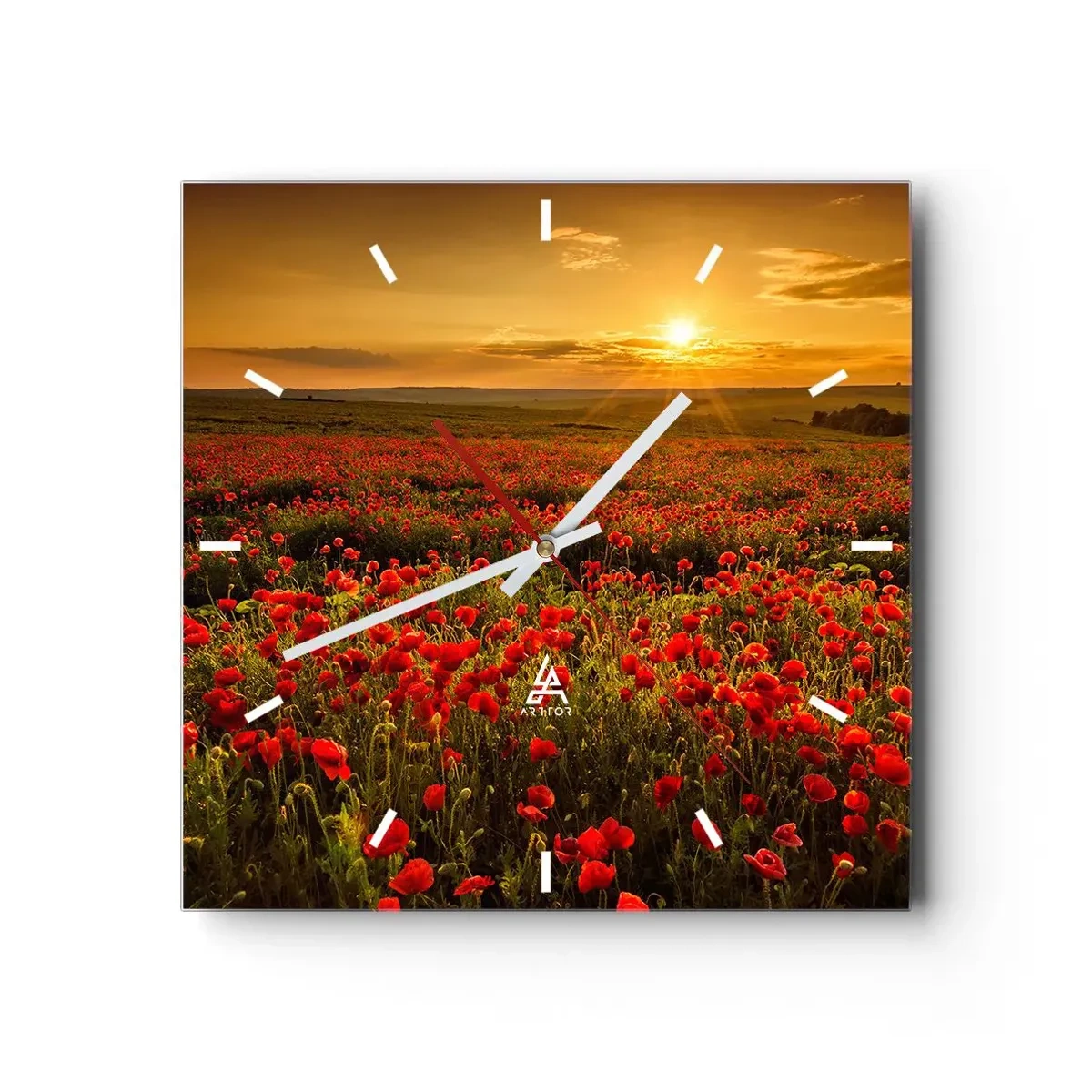 Wanduhr - Glasuhr - Ein Feld mit roten Mohnblumen im Schein der untergehenden Sonne - 30x30cm - Unter den Wellen raschelnder Wiesen, unter den Blumen der Flut - Moderne Wanddekoration für Wohnzimmer und Schlafzimmer ARTTOR