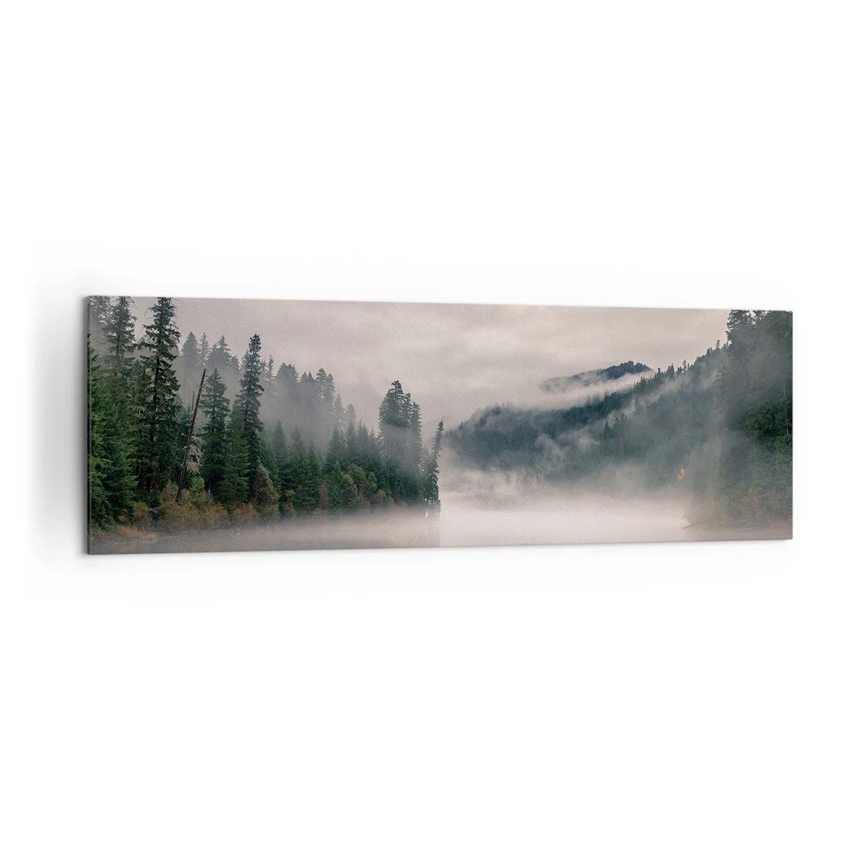 Bild auf Leinwand - Leinwandbild - Ein nebliger Wald spiegelt sich in einem ruhigen See - 160x50cm - In Reflexion, im Nebel - Moderne Wanddekoration für Wohnzimmer und Schlafzimmer ARTTOR