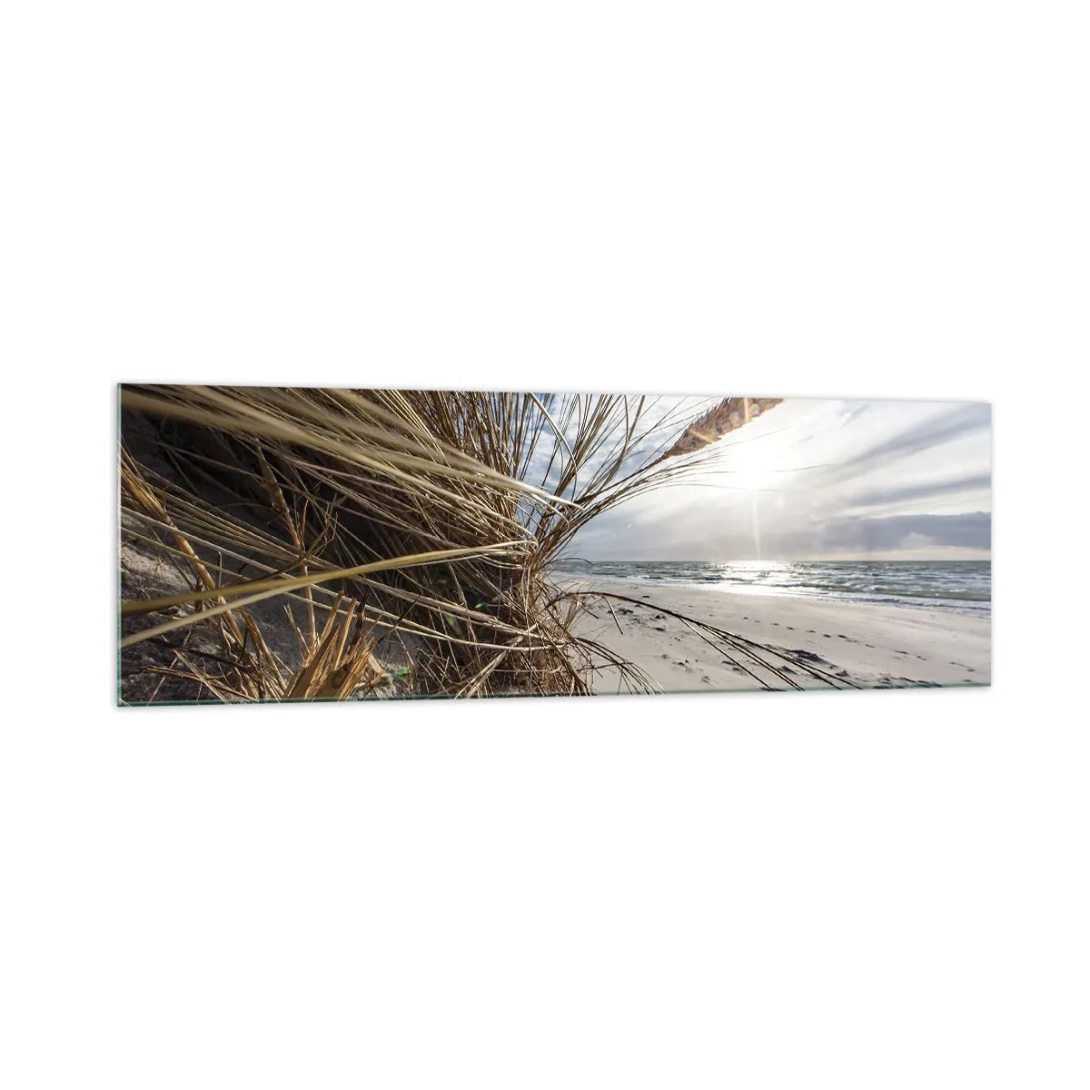Glasbild - Bild auf glas - Ein Strand mit trockenem Gras auf den Dünen und Blick auf das Meer - 160x50cm - Ein Treffen der Elemente der Natur - Moderne Wanddekoration für Wohnzimmer und Schlafzimmer ARTTOR