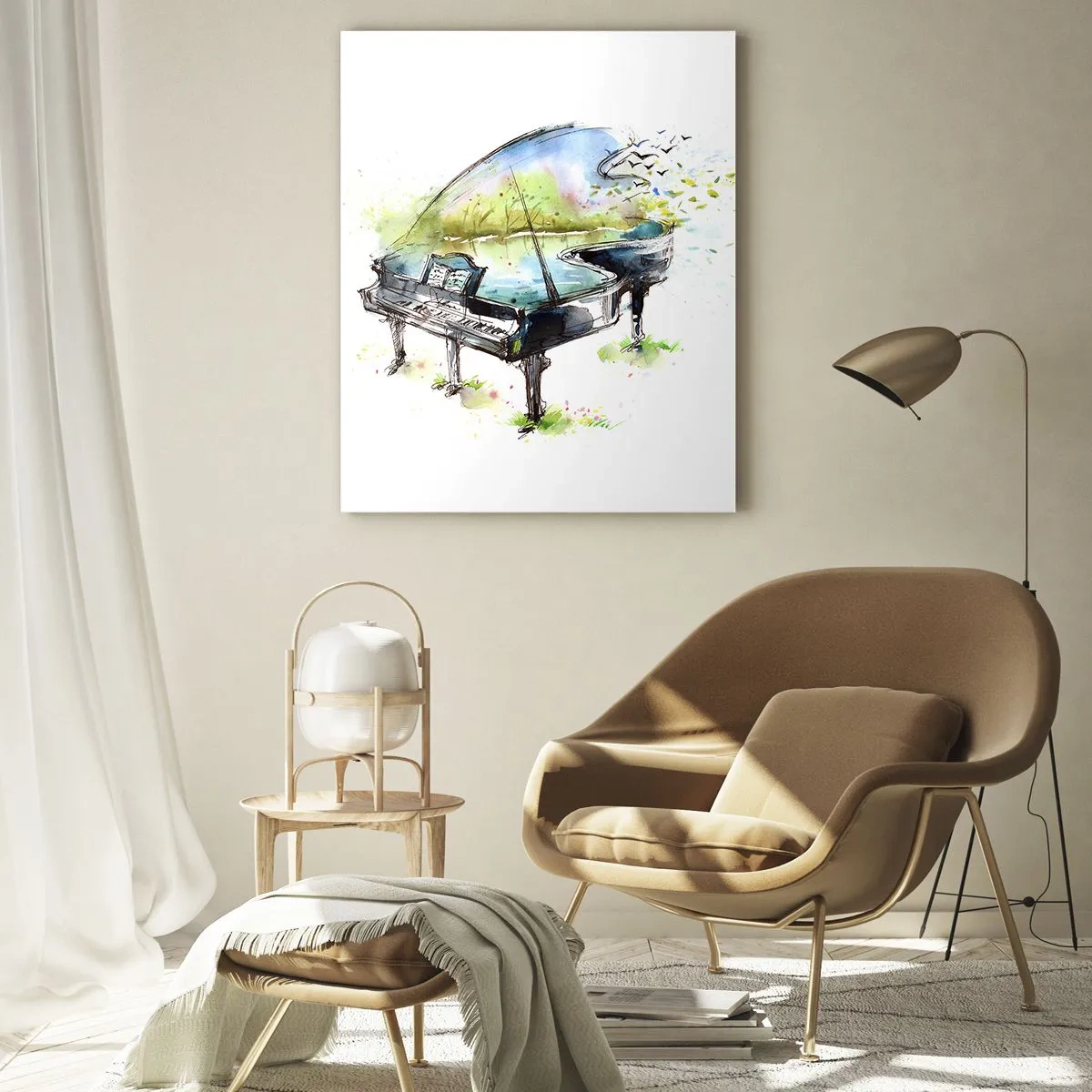 Glasbild - Bild auf glas - Aquarell eines Klaviers inmitten der Natur - 50x70cm - Von Musik verzaubert - Moderne Wanddekoration für Wohnzimmer und Schlafzimmer ARTTOR