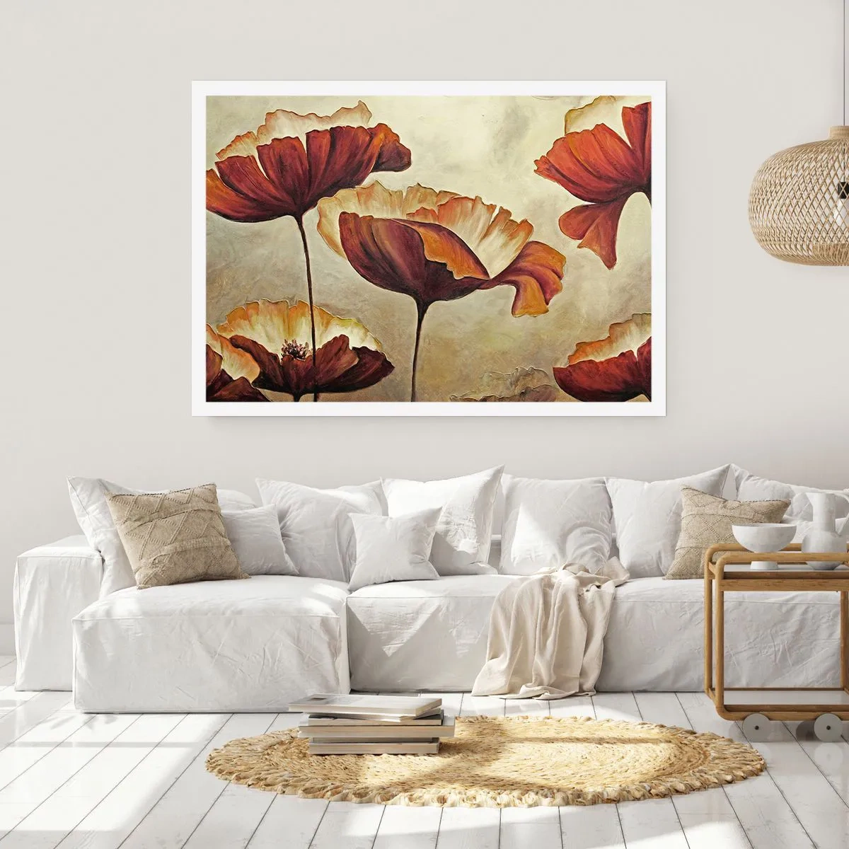 Poster - Dezente Blumen in Rot- und Goldtönen auf hellem Untergrund - 100x70cm - Weideland - Moderne Wanddekoration für Wohnzimmer und Schlafzimmer ARTTOR