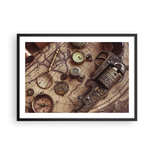 Poster in einem schwarzem Rahmen - Antike Gegenstände auf einer alten Karte im Retro-Stil - 70x50cm - Das Abenteuer ruft - Moderne Wanddekoration für Wohnzimmer und Schlafzimmer ARTTOR