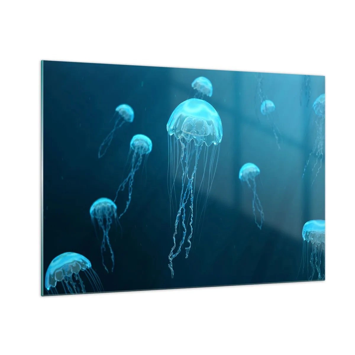 Glasbild - Bild auf glas - Quallen schwimmen im tiefblauen Ozean - 100x70cm - Ozeantanz - Moderne Wanddekoration für Wohnzimmer und Schlafzimmer ARTTOR
