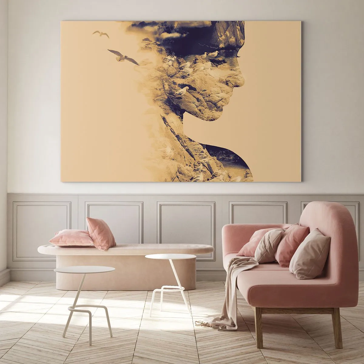 Glasbild - Bild auf glas - Silhouette einer Frau mit Landschaftsmotiv und Vögeln - 100x70cm - Von Natur aus schön - Moderne Wanddekoration für Wohnzimmer und Schlafzimmer ARTTOR