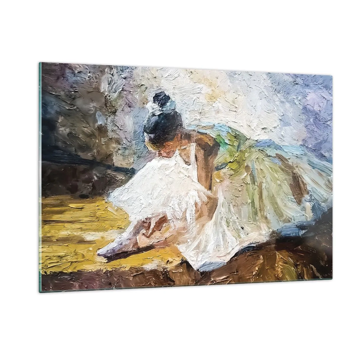 Glasbild - Bild auf glas - Eine nach vorne gebeugte Ballerina in einem weißen Kleid, das mit einer Öltextur bemalt ist - 120x80cm - Aus einem Gemälde von Degas - Moderne Wanddekoration für Wohnzimmer und Schlafzimmer ARTTOR